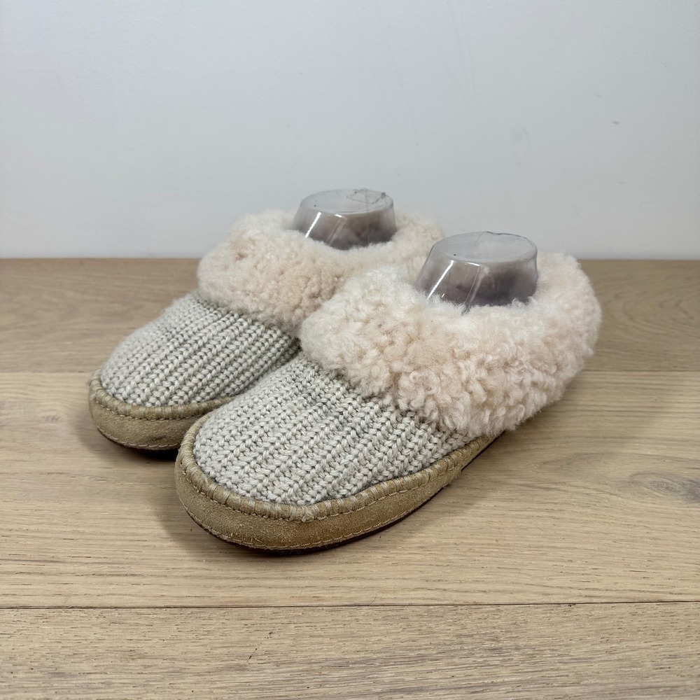 UGG Slippers Women 9 Cream Wool Knit Shearling Cuff Suede Cozy Moccasin
